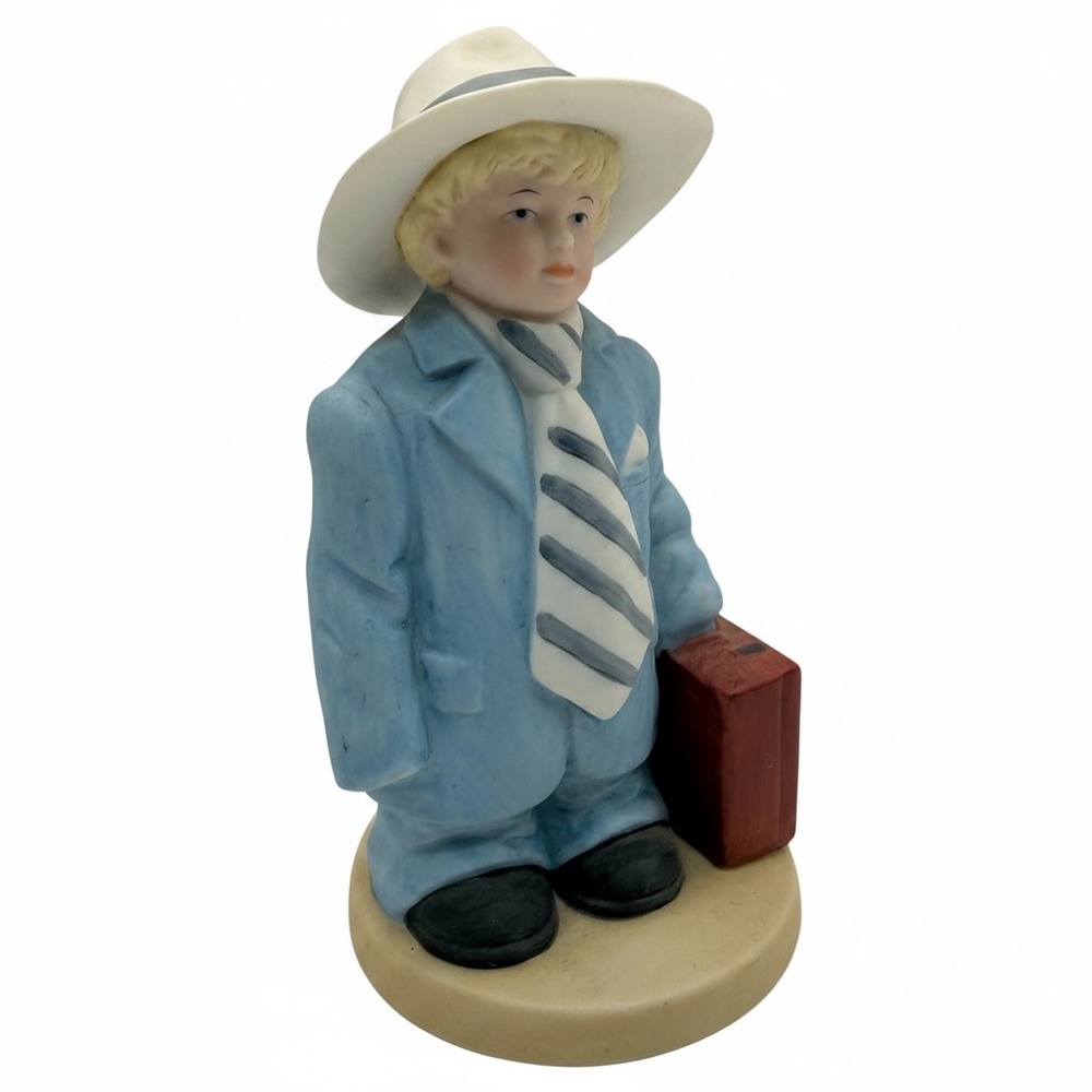 Vintage Homco Bisque Porcelain Boy Figurine Blue Suit Fedora Briefcase 5.5"